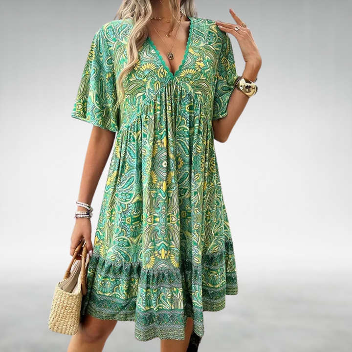 Close-up of Women Summer Boho Paisley Mini Dress showing intricate paisley pattern and contrast neckline trim