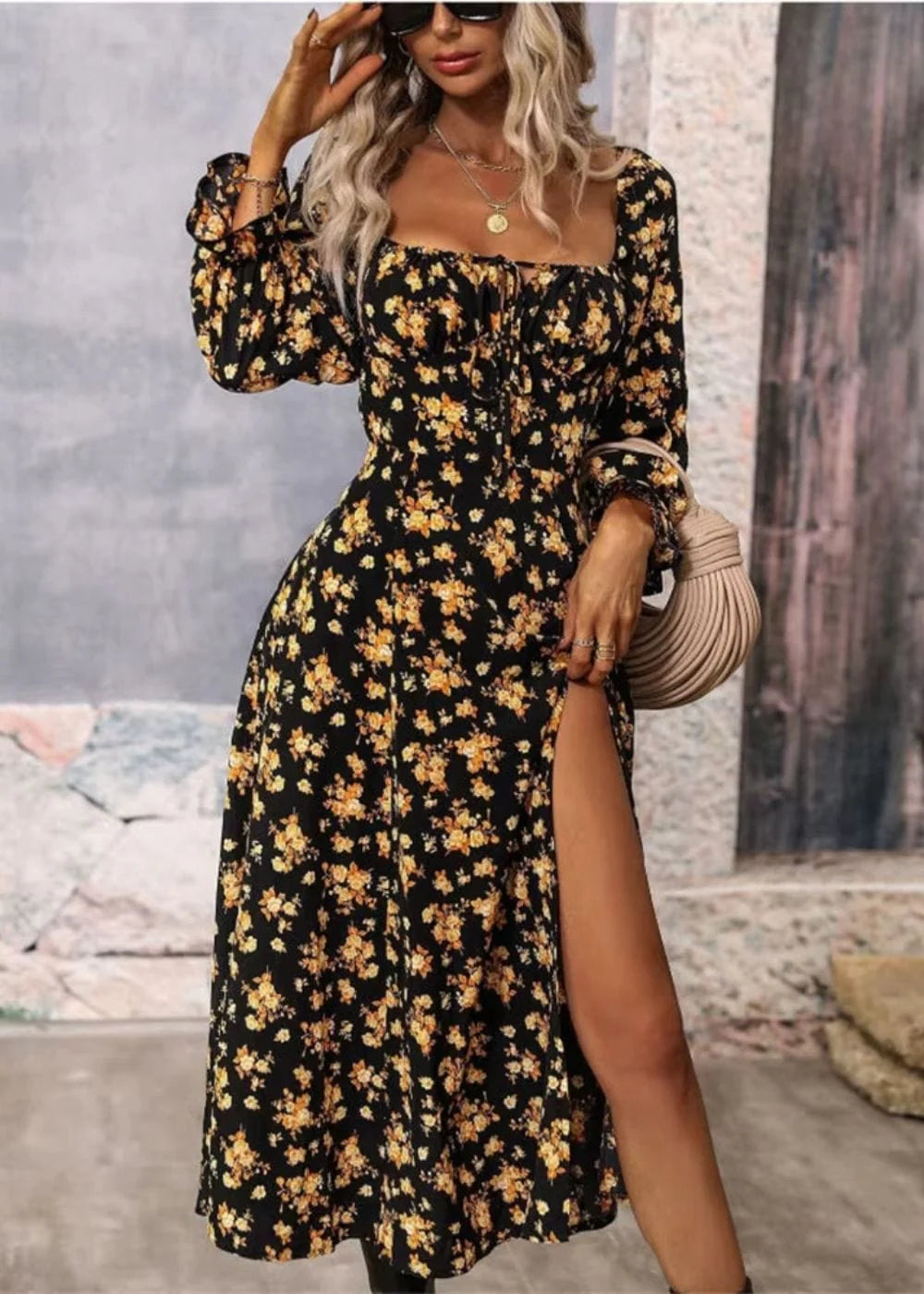 Floral square-neck dress showing relaxed fit and lightweight fabric drape
