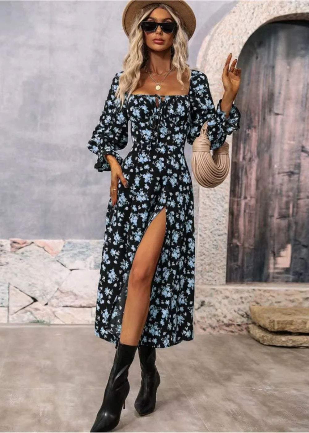 Full-length view of white floral square-neck dress with empire waist and midi hem