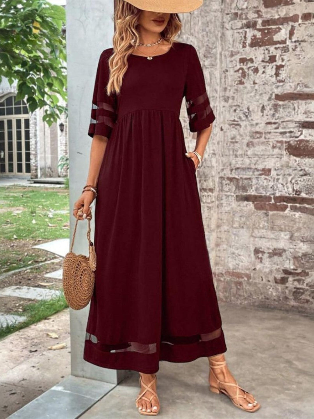 Close view of the empire waist and sheer mesh panel detailing on the Women's Tummy Flattering Summer Dress