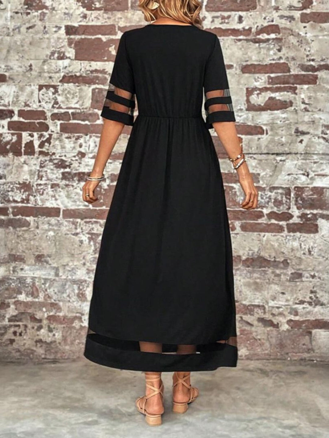 Full-length view of the Women's Tummy Flattering Summer Dress styled with flat sandals and woven bag