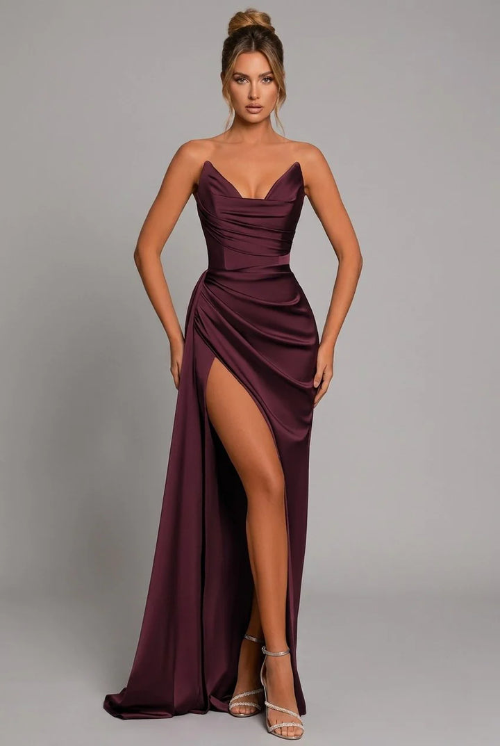 Maxi Dress Strapless Ruched Bodycon High Split in burgundy with sweetheart neckline and dramatic thigh split