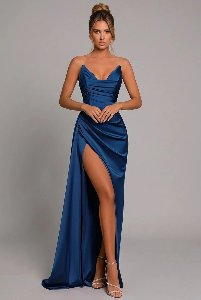 Formal maxi dress with dramatic leg split and smooth lustrous satin finish
