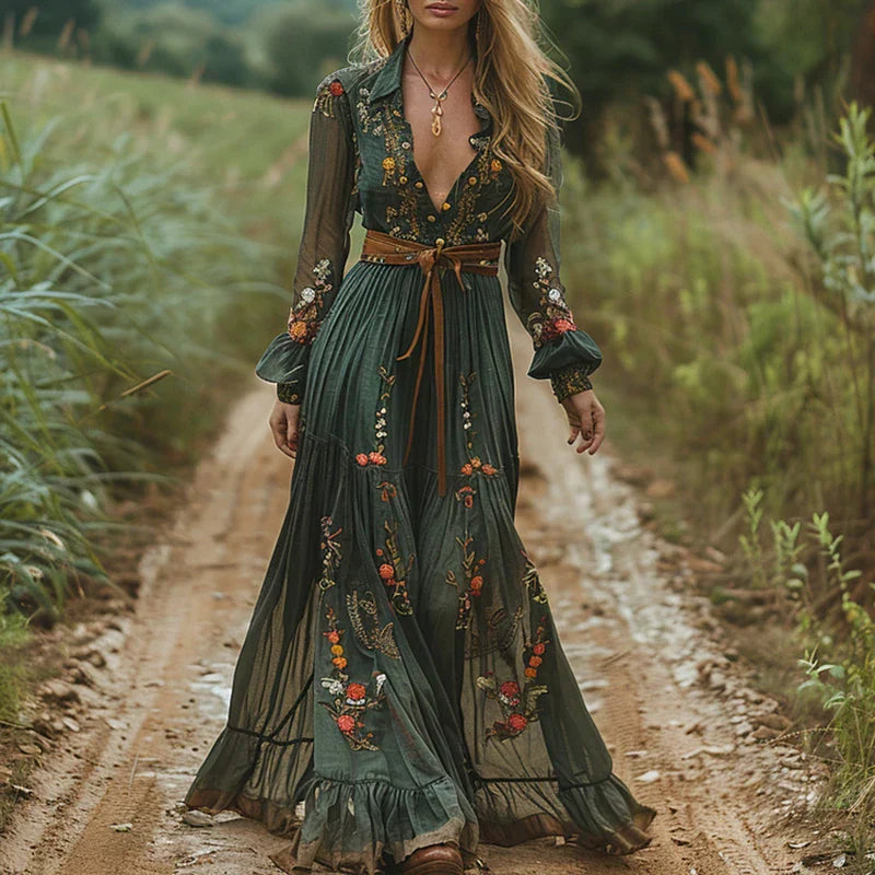 Women's Floral Long Sleeve Maxi Dress in forest green with embroidered floral detailing and flowing tiered hem