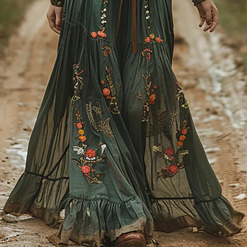 Side angle of Women's Floral Long Sleeve Maxi Dress showing V-neckline and detachable fabric belt at waist