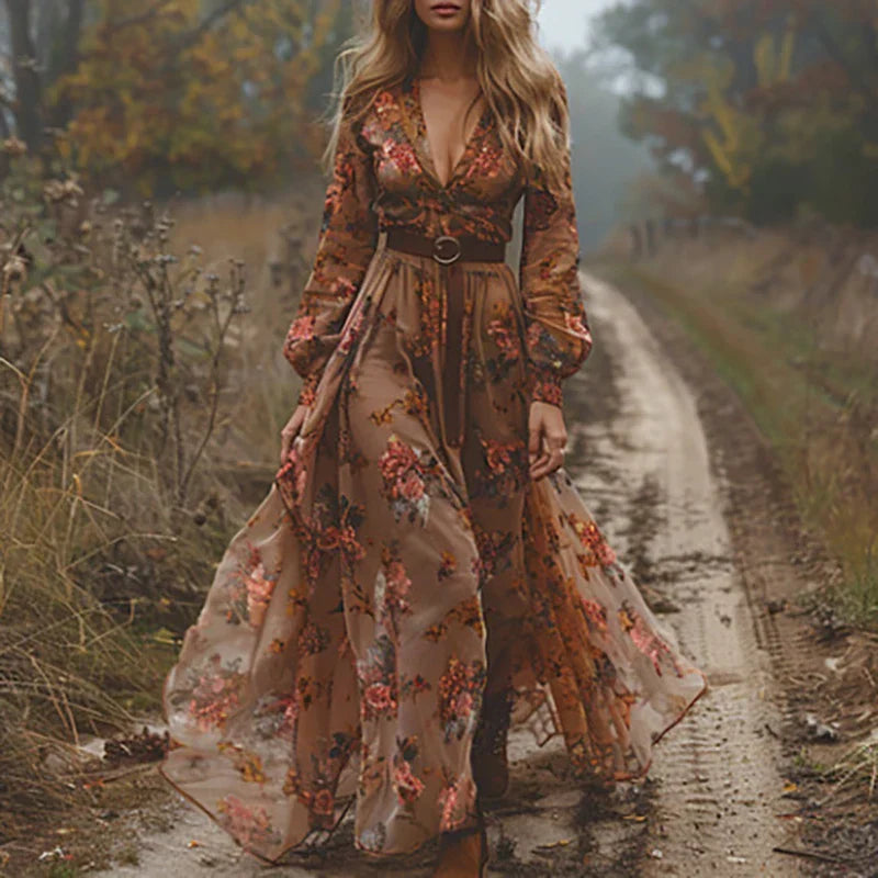Full-length view of Women's Floral Long Sleeve Maxi Dress with tiered hem and gathered cuff sleeves