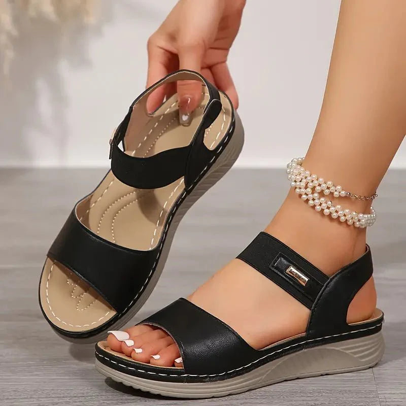 Close-up view of women's adjustable strap sandals showing dual-strap design and contrast stitching detail