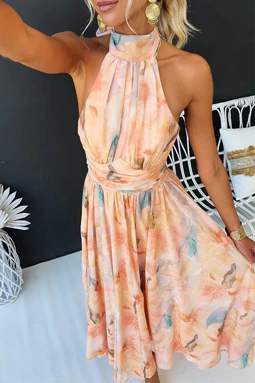 Side view of Women's Halter Watercolour Maxi Dress showing lightweight drape and graceful movement