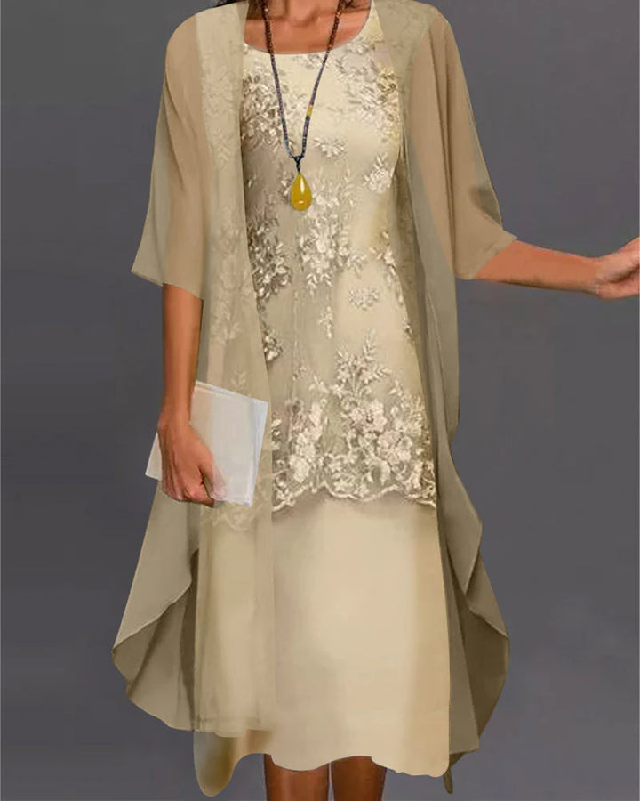 Women's lace midi dress with matching jacket in champagne featuring floral appliqué and square neckline