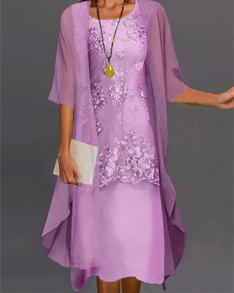 Full-length view of A-line midi dress and jacket set showing three-quarter sleeves and mid-calf length
