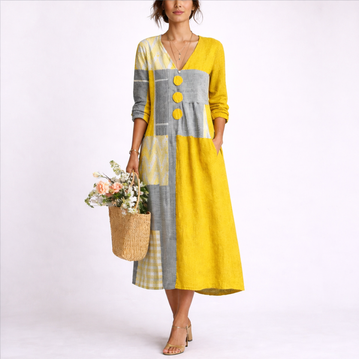 Effortless Summer Midi Dress with yellow and grey patchwork design, V-neckline, and three-quarter sleeves for women