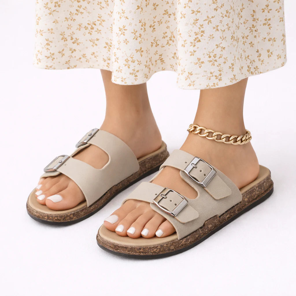 Women's double buckle sandals in tan with open-toe design and adjustable strap closures