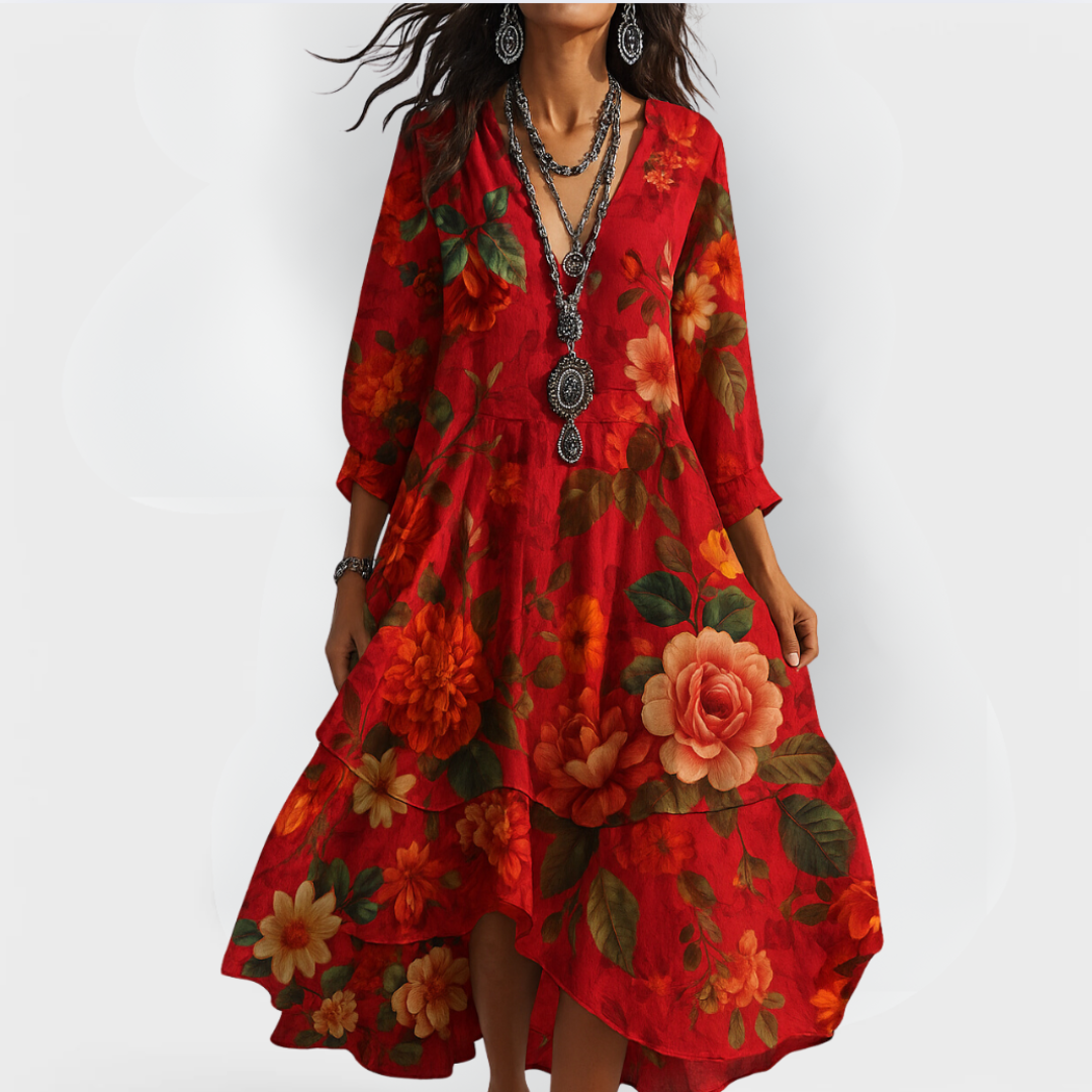 Close-up of Women Vintage Boho V-Neck Summer Dress showing V-neckline and three-quarter sleeves with gathered cuffs
