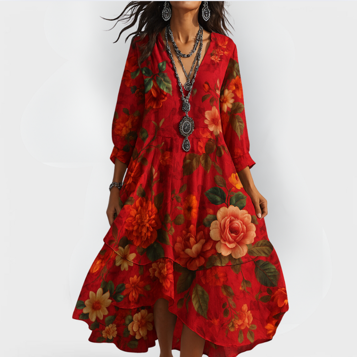 Close-up of Women Vintage Boho V-Neck Summer Dress showing V-neckline and three-quarter sleeves with gathered cuffs