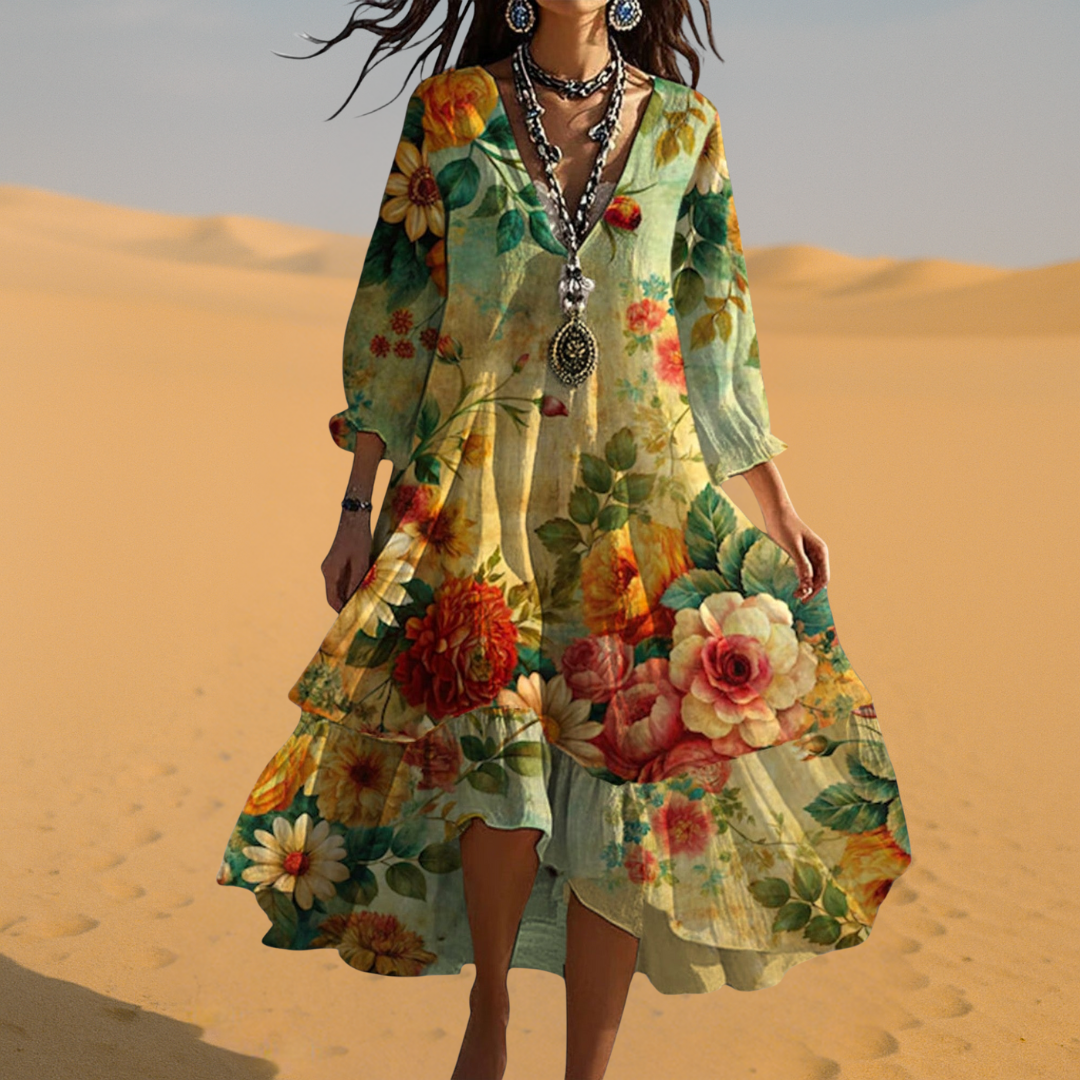 Full-length view of Women Vintage Boho V-Neck Summer Dress featuring relaxed A-line silhouette and botanical floral pattern