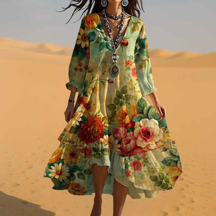 Full-length view of Women Vintage Boho V-Neck Summer Dress featuring relaxed A-line silhouette and botanical floral pattern