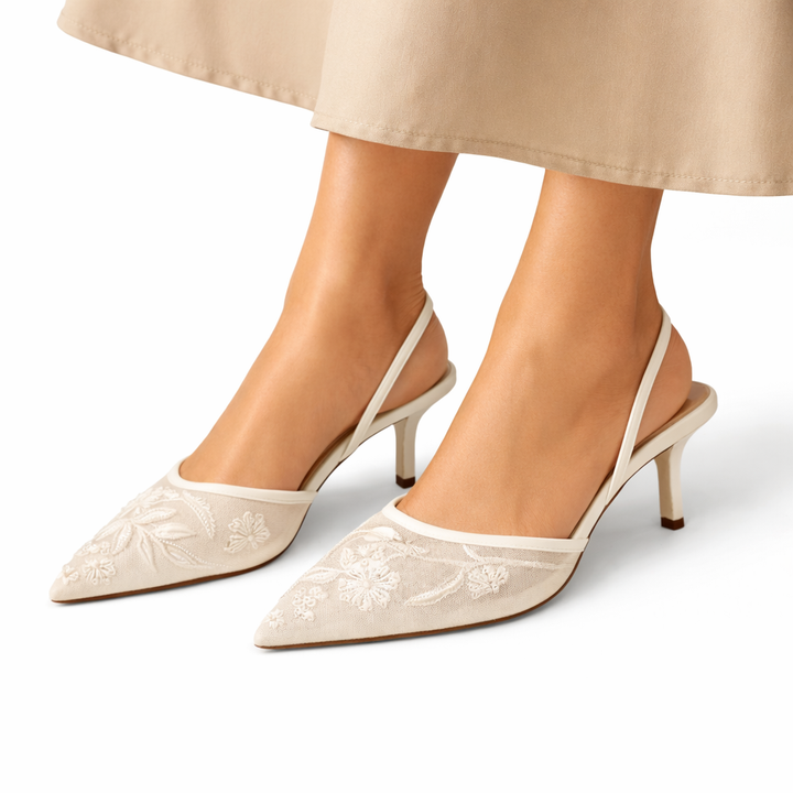 Women's Embroidered Mesh Mule Heels with floral embroidery and pointed toe in cream shade