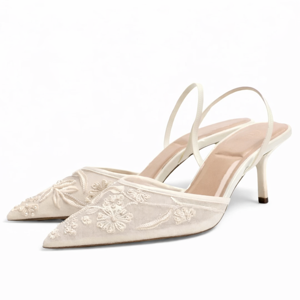 Close-up of embroidered floral mesh detailing on pointed toe mule heels
