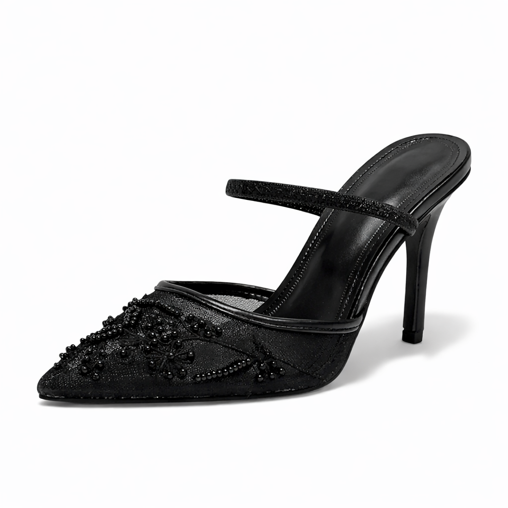 Pointed toe mule heels with slingback strap and embroidered mesh panels