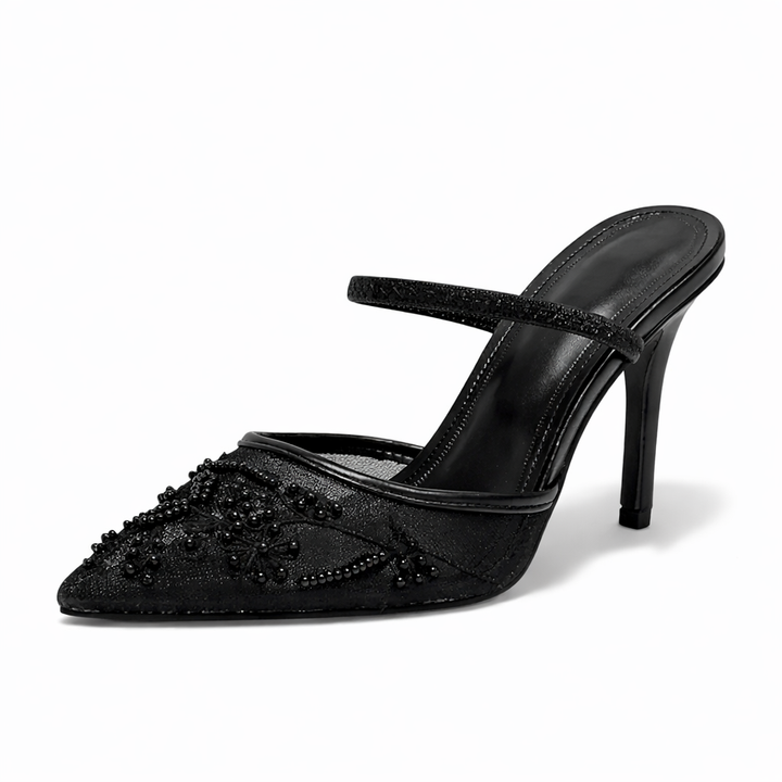 Pointed toe mule heels with slingback strap and embroidered mesh panels
