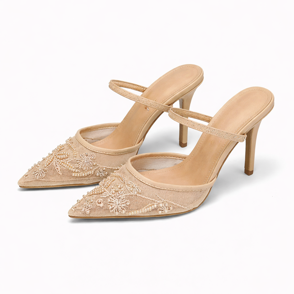 Women's embroidered mesh mule heels in cream showing slip-on construction