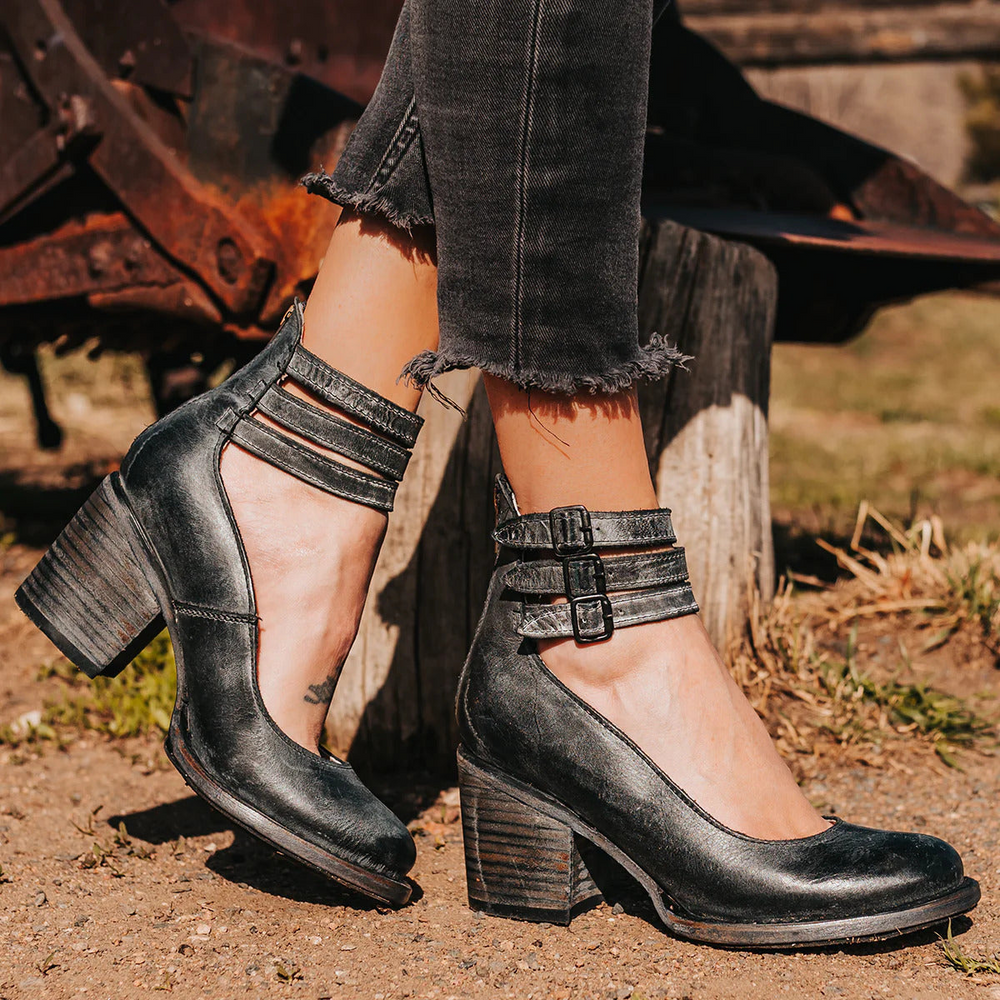 Side view of vintage-inspired strappy ankle strap heels showcasing chunky block heel and smooth upper finish